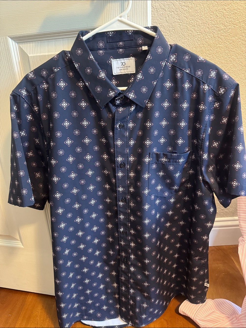 7 Diamonds 4 Way Stretch Navy Short Sleeve Button Down with White Print